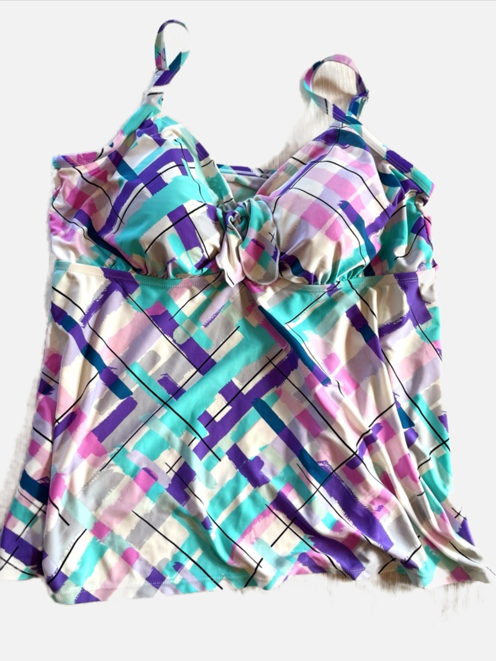 Swimsuits For All Geometric Tie-Front Tankini Top - Purple, Teal & Cream 20W